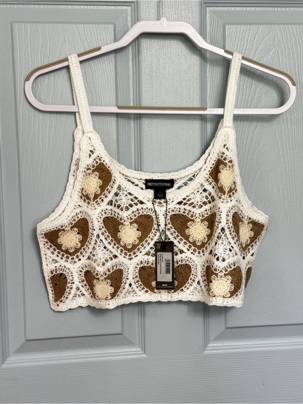 Pretty little‎ thing beige heart crochet knit floaty top medium NWT